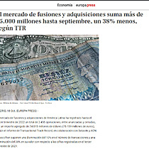 El mercado de fusiones y adquisiciones suma ms de 75.000 millones hasta septiembre, un 38% menos, segn TTR